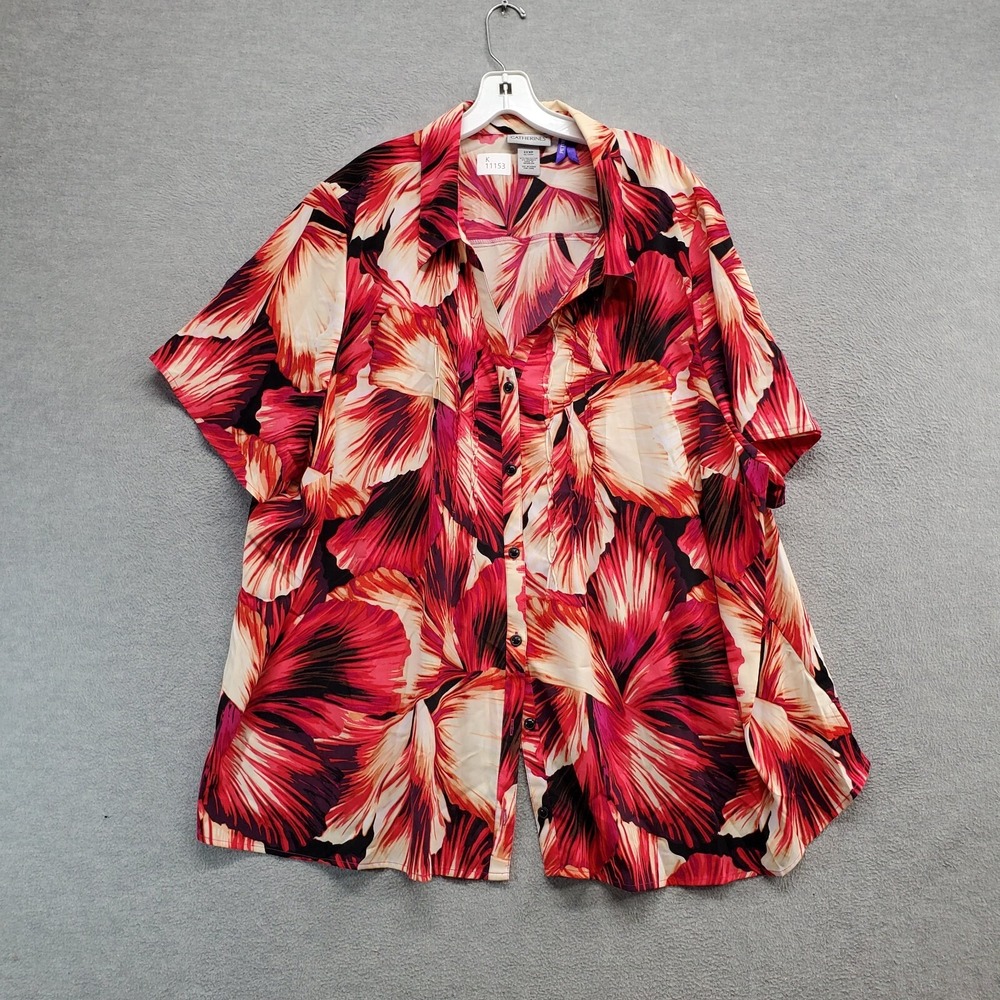 Catherines Women Top 3X Petite Red Floral Button Up‎ Collar Artsy Short Sleeve